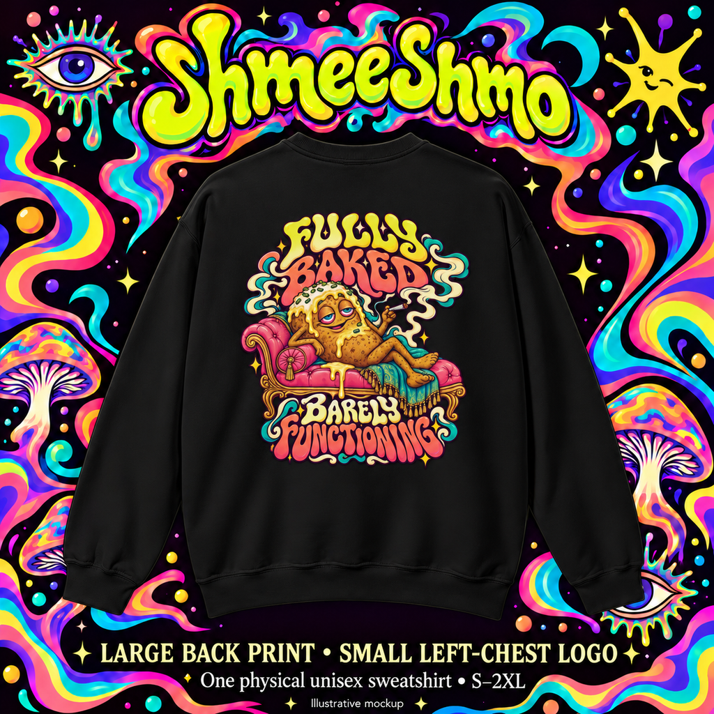 Fully Baked, Barely Functioning Psychedelic Sweatshirt, Large Back Print & Small ShmeeShmo Chest Logo