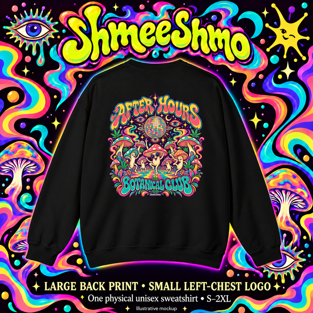 ShmeeShmo After Hours Club Psychedelic Sweatshirt, Large Back Print & Small ShmeeShmo Chest Logo