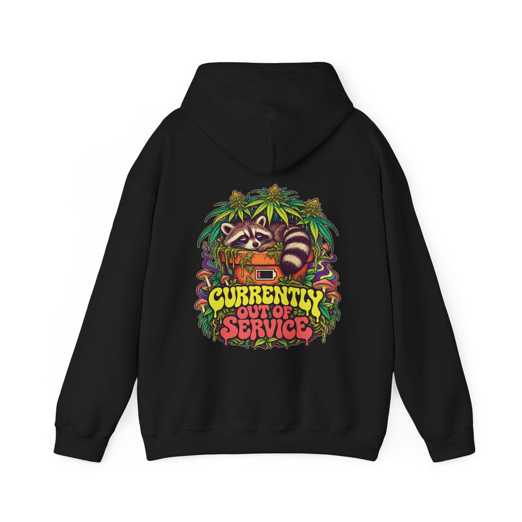 Currently Out of Service Raccoon Hoodie, Large Back Print & Small ShmeeShmo Chest Logo