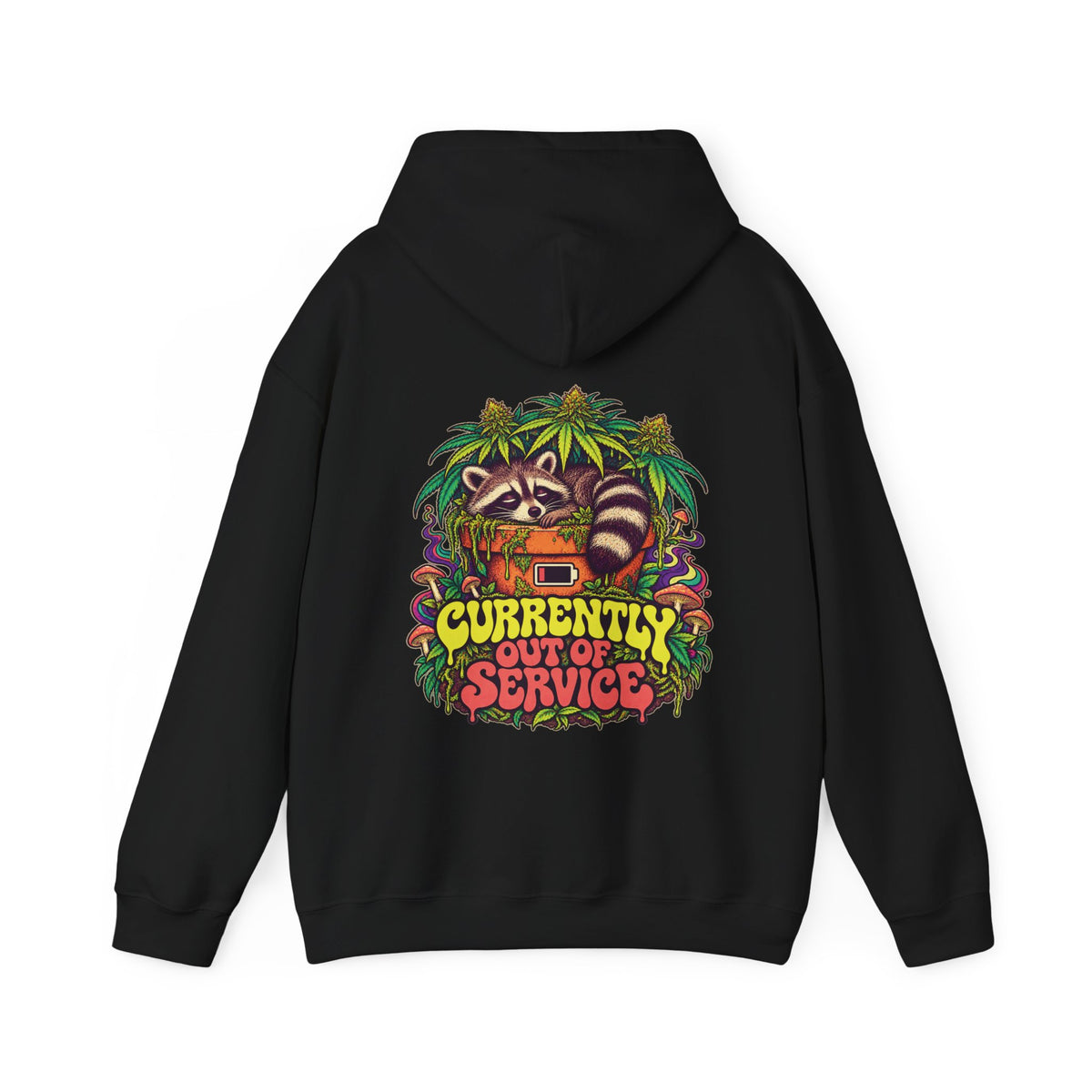 Currently Out of Service Raccoon Hoodie, Large Back Print & Small ShmeeShmo Chest Logo