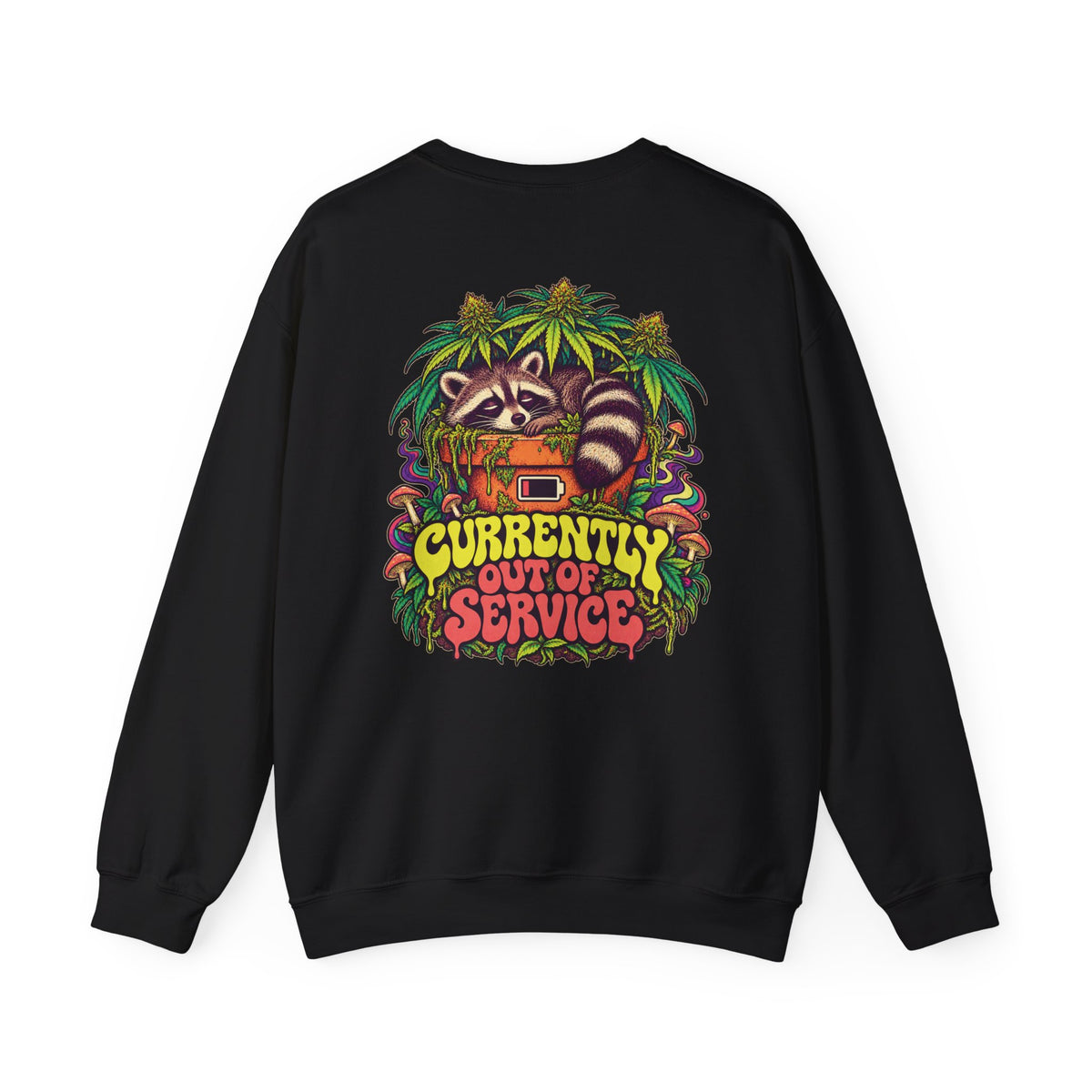 Currently Out of Service Raccoon Sweatshirt, Large Back Print & Small ShmeeShmo Chest Logo