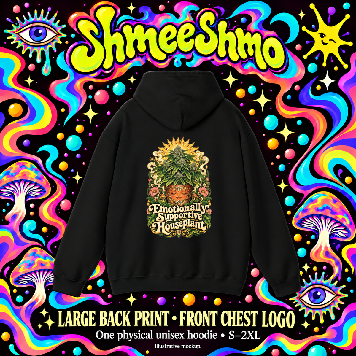 Emotionally Supportive Houseplant Hoodie, Botanical Back Print, ShmeeShmo