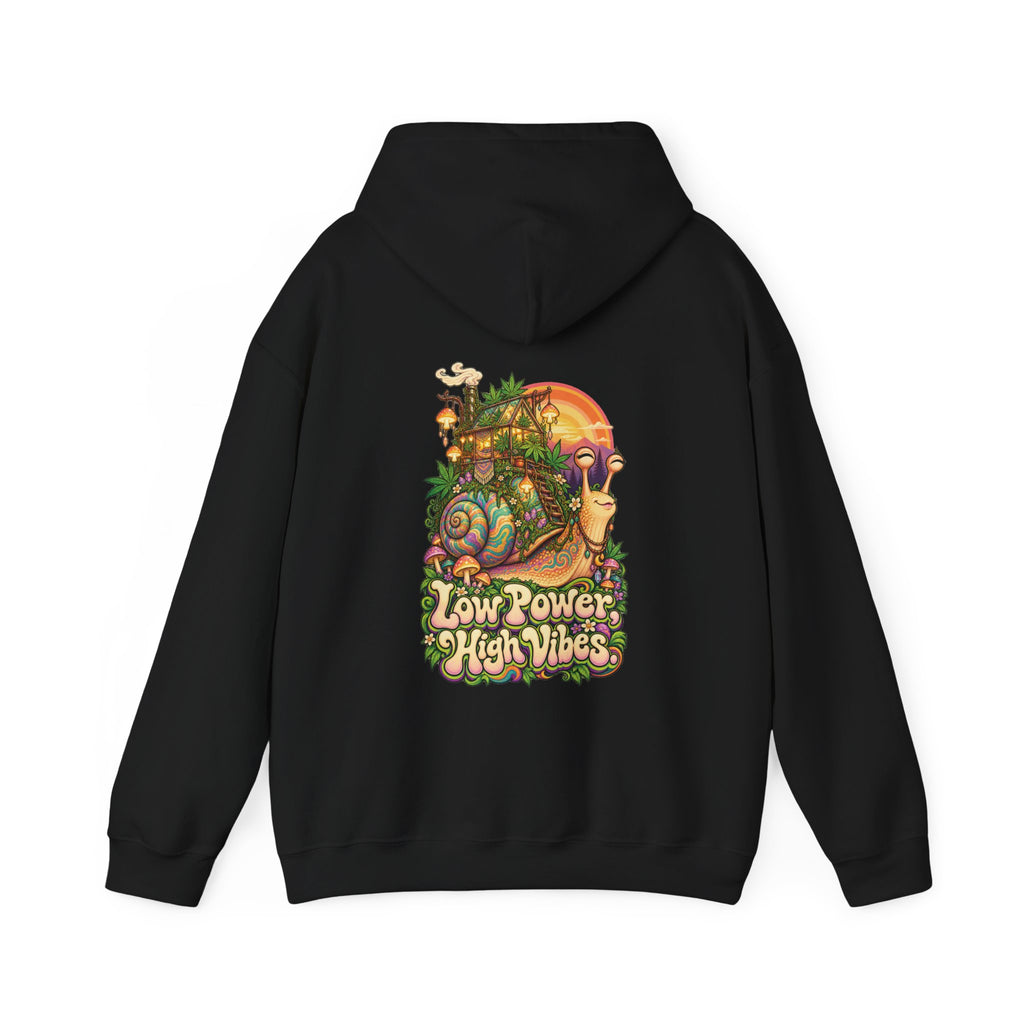 Low Power High Vibes Snail Hoodie, Psychedelic Back Print, ShmeeShmo