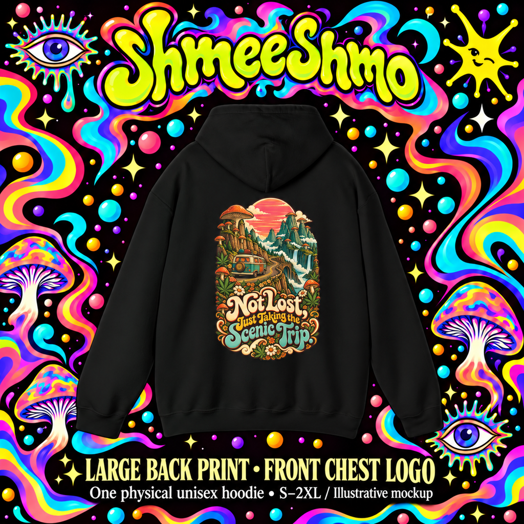 Not Lost, Just Taking the Scenic Trip Hoodie, Psychedelic Back Print, ShmeeShmo