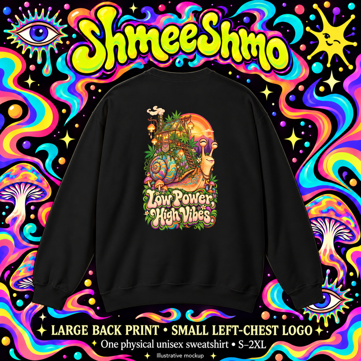 Low Power High Vibes Snail Sweatshirt, Psychedelic Back Print, ShmeeShmo