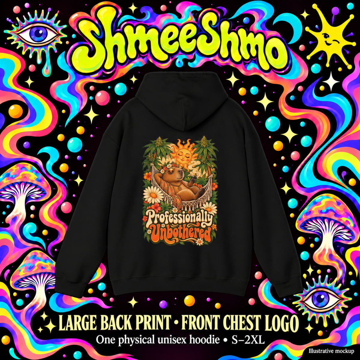 Professionally Unbothered Hoodie, Psychedelic Back Print, ShmeeShmo