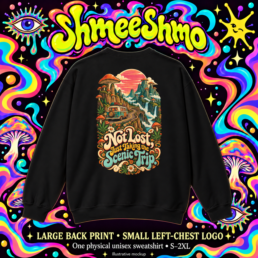 Not Lost, Just Taking the Scenic Trip Sweatshirt, Psychedelic Back Print, ShmeeShmo