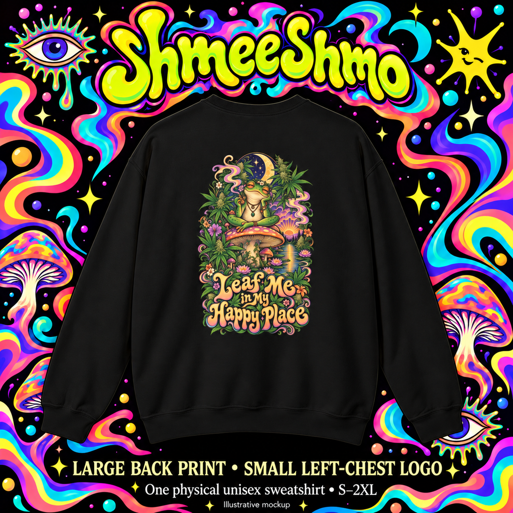 Leaf Me in My Happy Place Sweatshirt, Psychedelic Back Print, ShmeeShmo