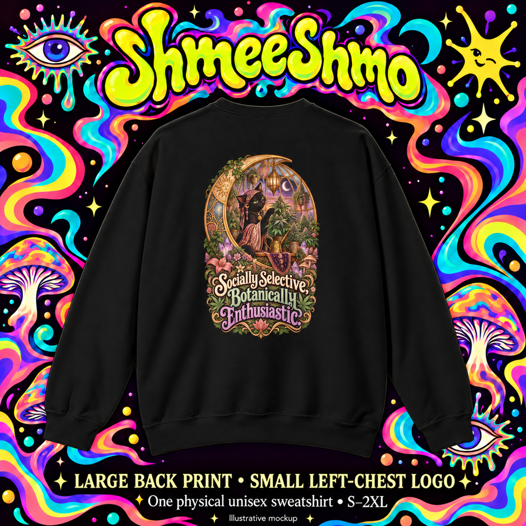 Socially Selective, Botanically Enthusiastic Sweatshirt, Psychedelic Back Print, ShmeeShmo