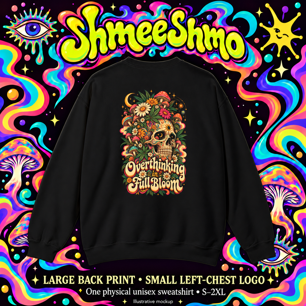 Overthinking in Full Bloom Sweatshirt, Psychedelic Back Print, ShmeeShmo