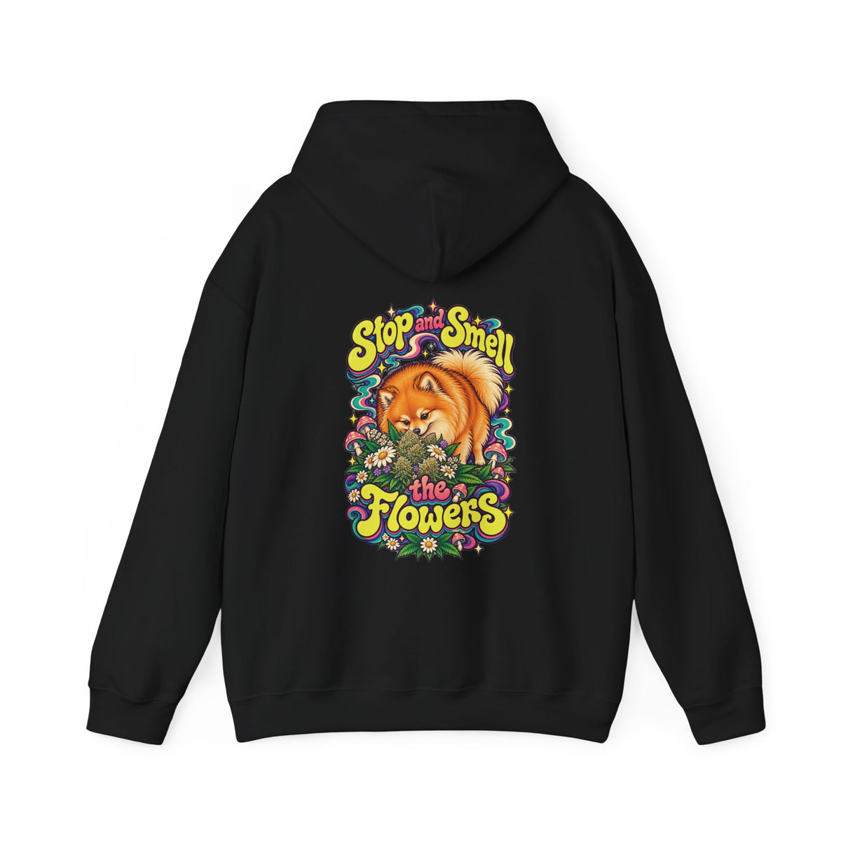 Stop and Smell the Flowers Pomeranian Hoodie, Large Back Print, ShmeeShmo