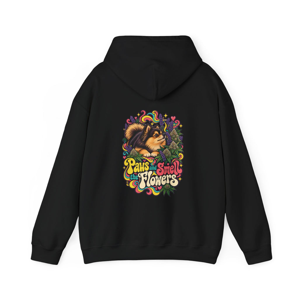 Paws and Smell the Flowers Pomeranian Hoodie, Large Back Print, ShmeeShmo