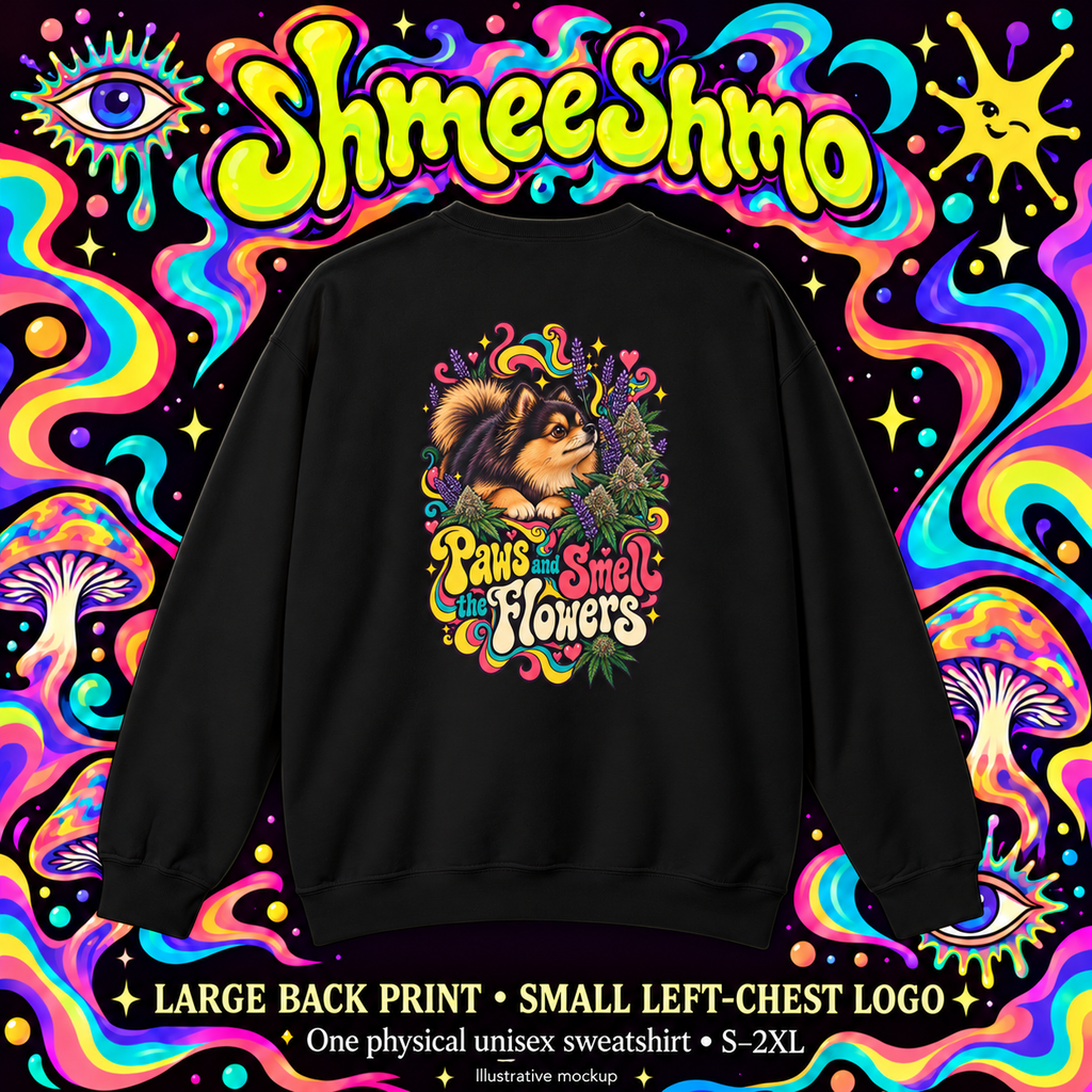 Paws and Smell the Flowers Pomeranian Sweatshirt, Large Back Print, ShmeeShmo