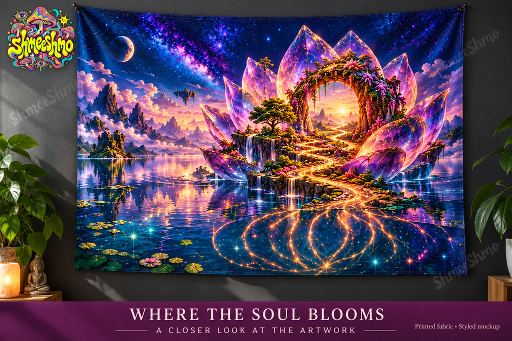 Where the Soul Blooms Wall Tapestry, Psychedelic Lotus Fabric Wall Hanging, ShmeeShmo