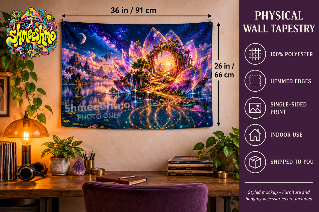 Where the Soul Blooms Wall Tapestry, Psychedelic Lotus Fabric Wall Hanging, ShmeeShmo