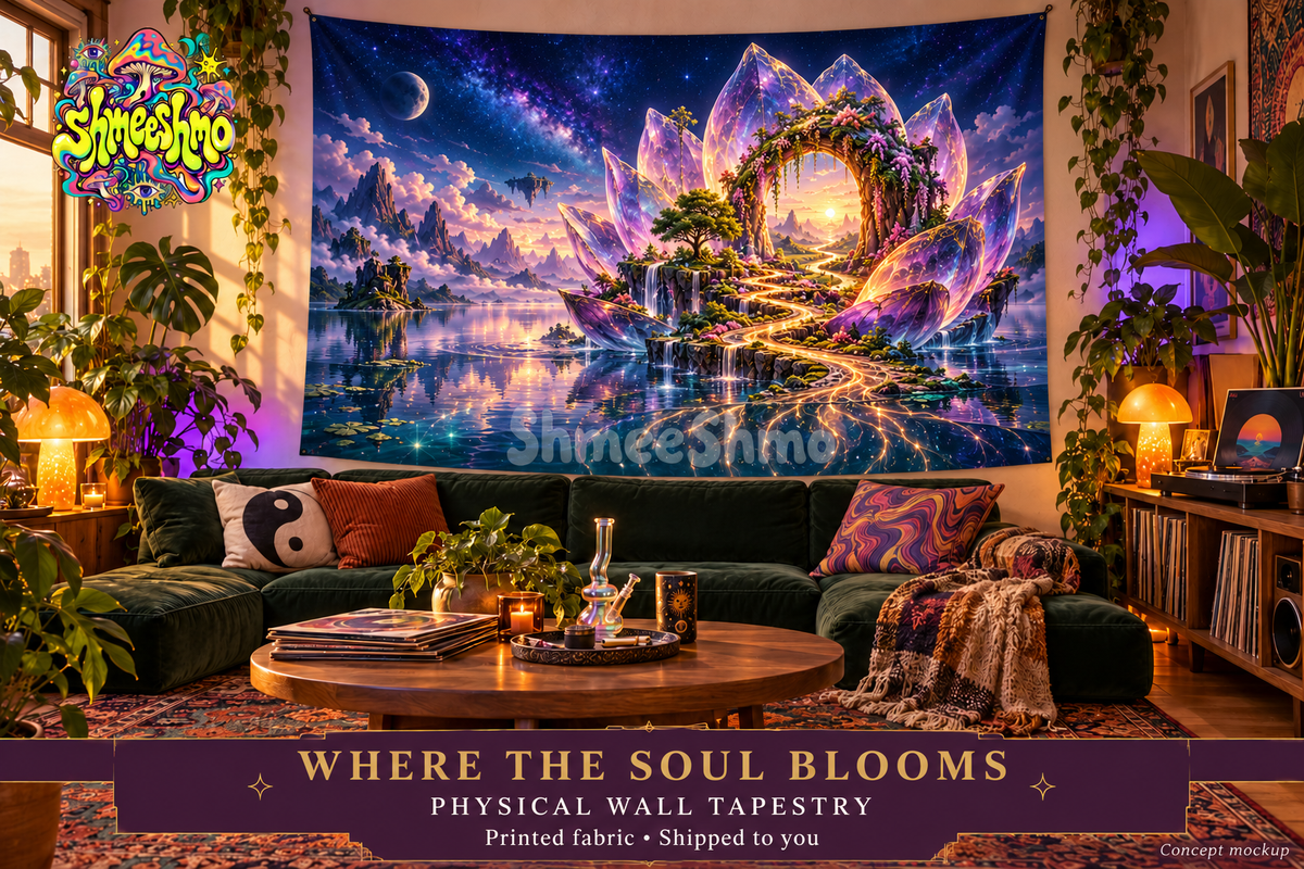 Where the Soul Blooms Wall Tapestry, Psychedelic Lotus Fabric Wall Hanging, ShmeeShmo