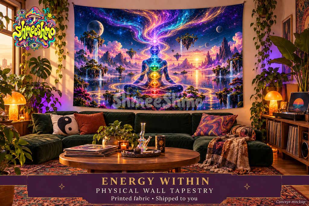 Energy Within Chakra Wall Tapestry, Psychedelic Meditation Fabric Wall Hanging, ShmeeShmo