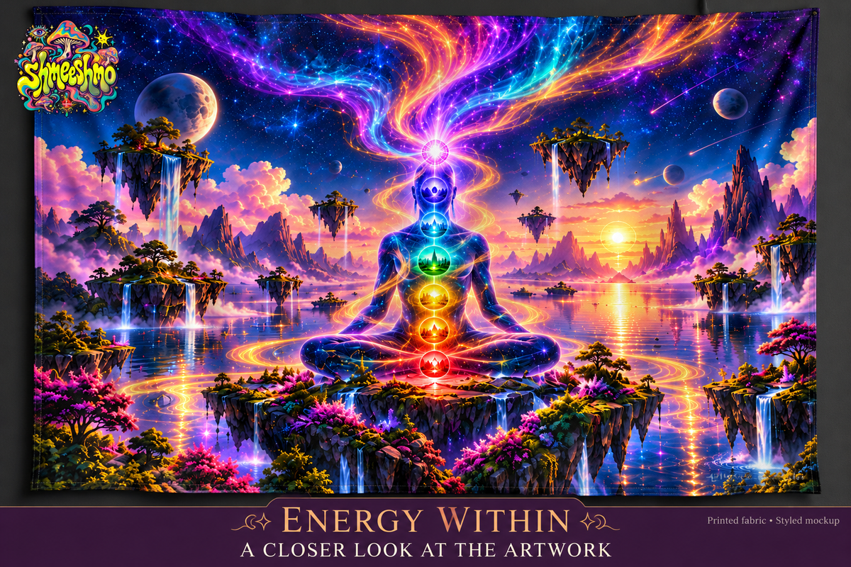 Energy Within Chakra Wall Tapestry, Psychedelic Meditation Fabric Wall Hanging, ShmeeShmo