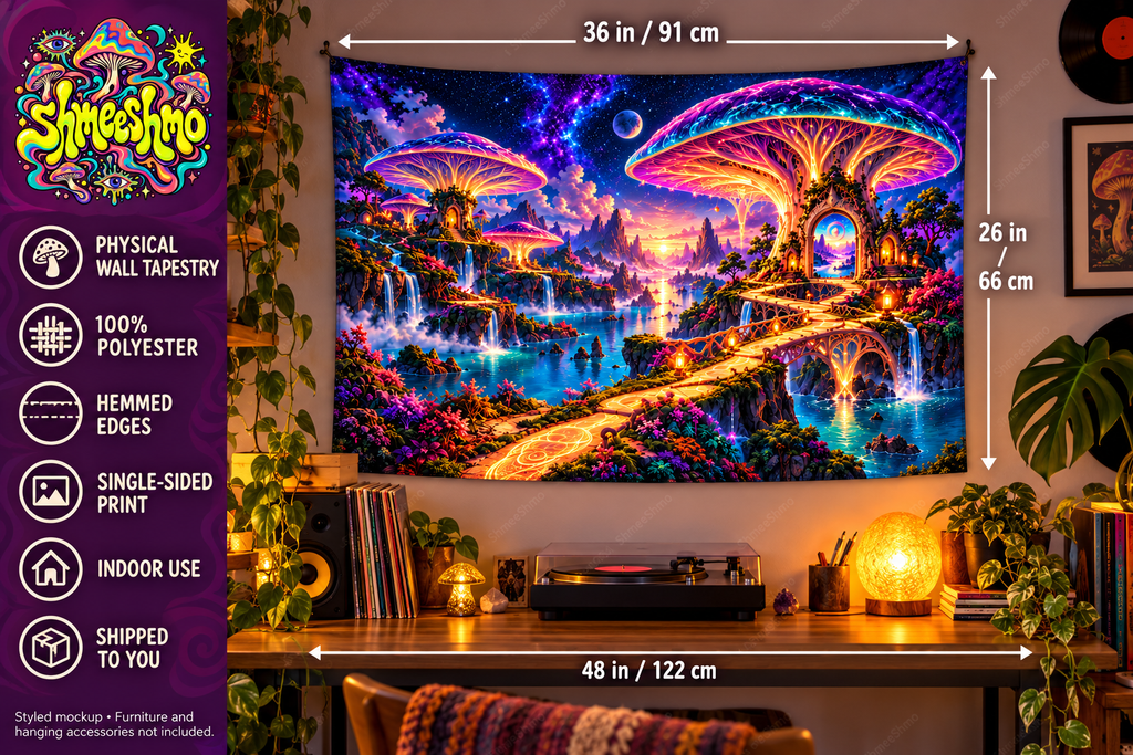 World of Mushrooms Wall Tapestry, Psychedelic Mushroom Fabric Wall Hanging, ShmeeShmo