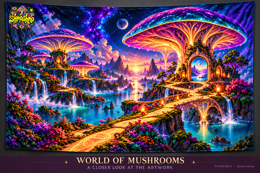 World of Mushrooms Wall Tapestry, Psychedelic Mushroom Fabric Wall Hanging, ShmeeShmo