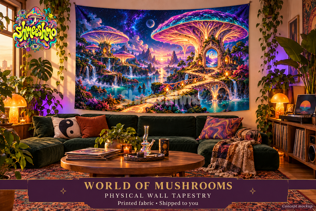 World of Mushrooms Wall Tapestry, Psychedelic Mushroom Fabric Wall Hanging, ShmeeShmo