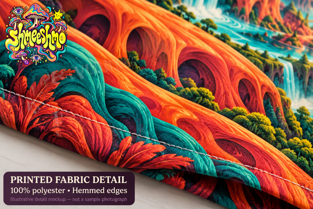 Illustrative printed polyester fabric and hem detail