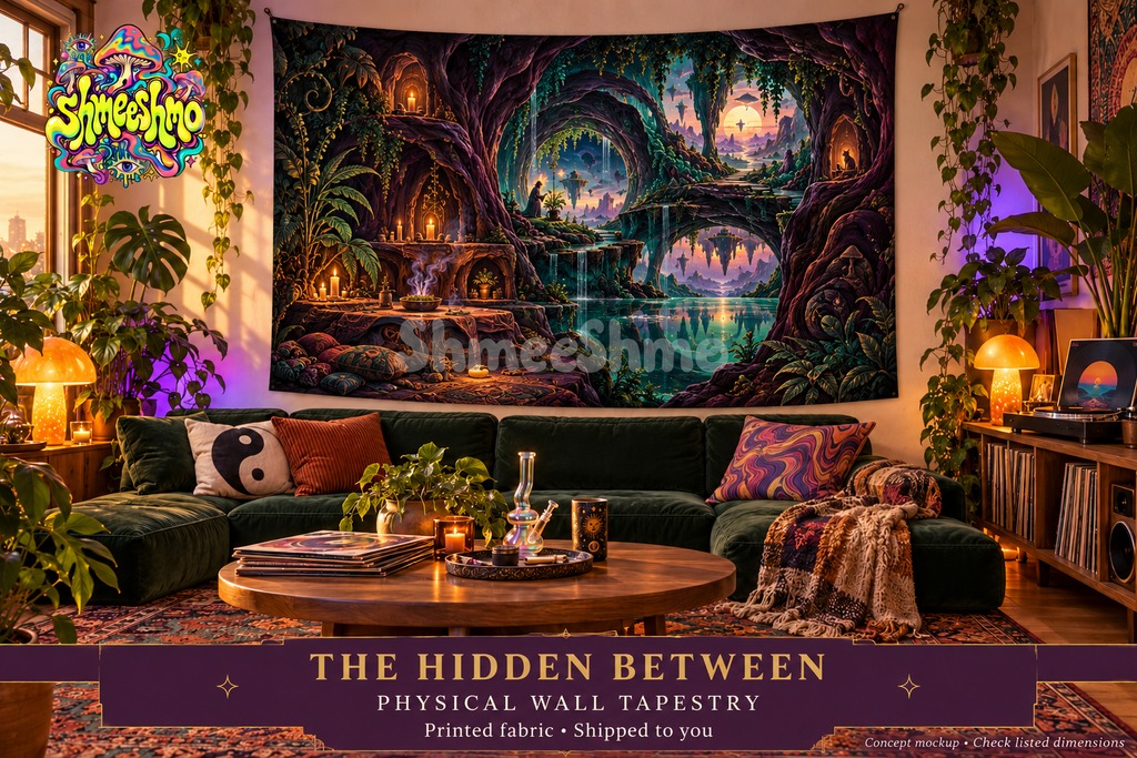 The Hidden Between Wall Tapestry, Moody Witch Cave Psychedelic Fabric Wall Hanging, ShmeeShmo