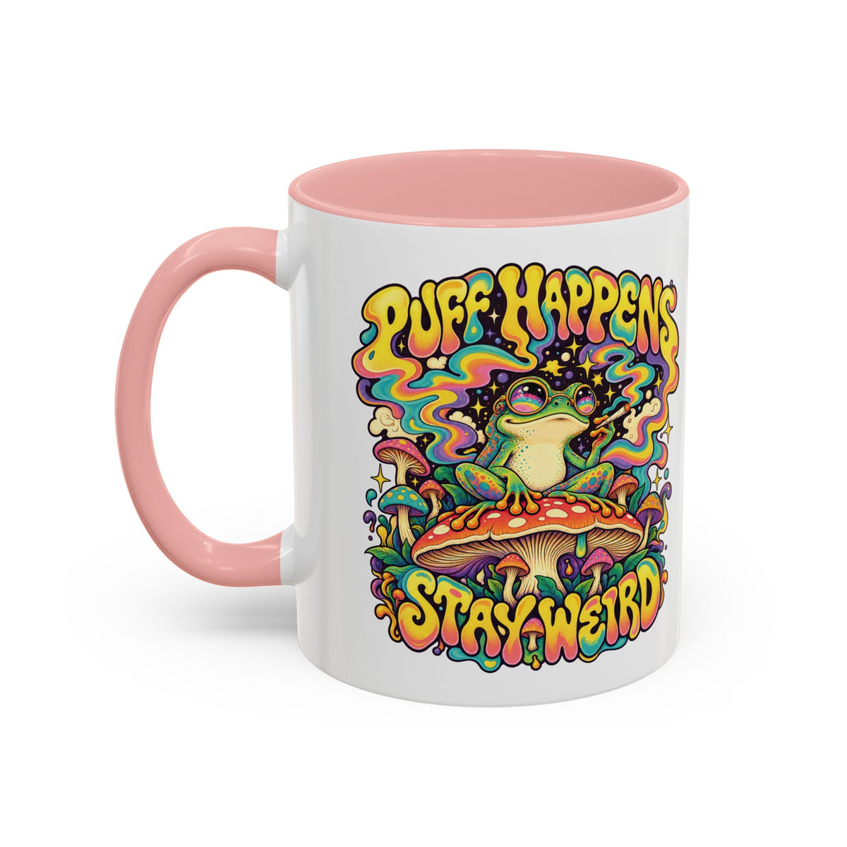 Puff Happens, Stay Weird Psychedelic Mug, 11oz Colour Accent Coffee Cup, ShmeeShmo