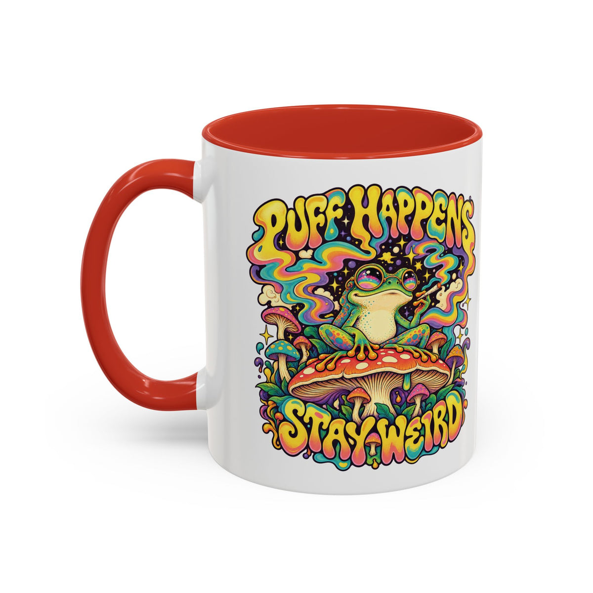 Puff Happens, Stay Weird Psychedelic Mug, 11oz Colour Accent Coffee Cup, ShmeeShmo