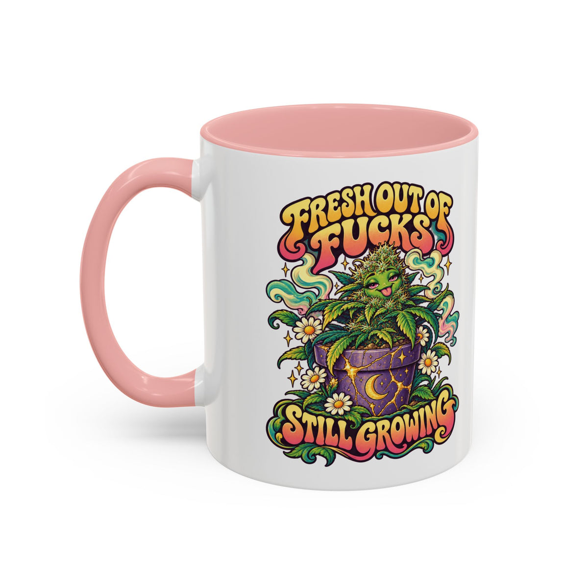 Fresh Out of Fucks, Still Growing Psychedelic Mug, 11oz Colour Accent Coffee Cup, ShmeeShmo