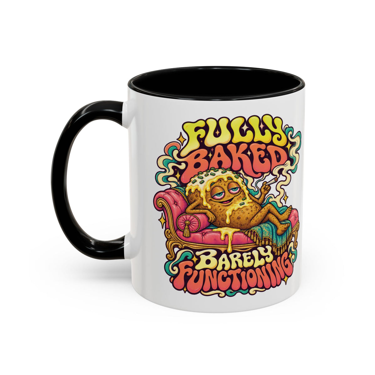 Fully Baked, Barely Functioning Psychedelic Mug, 11oz Colour Accent Coffee Cup, ShmeeShmo