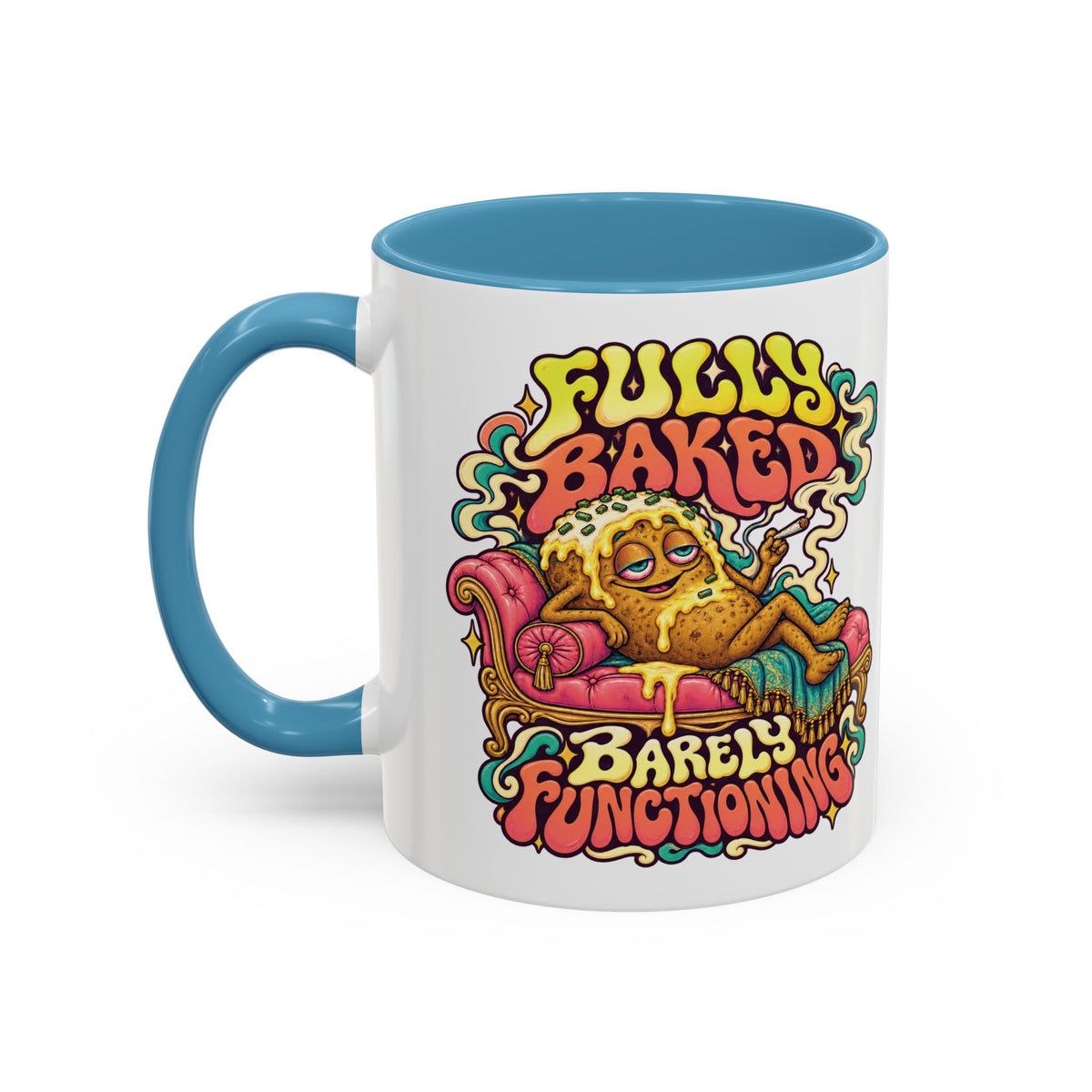 Fully Baked, Barely Functioning Psychedelic Mug, 11oz Colour Accent Coffee Cup, ShmeeShmo