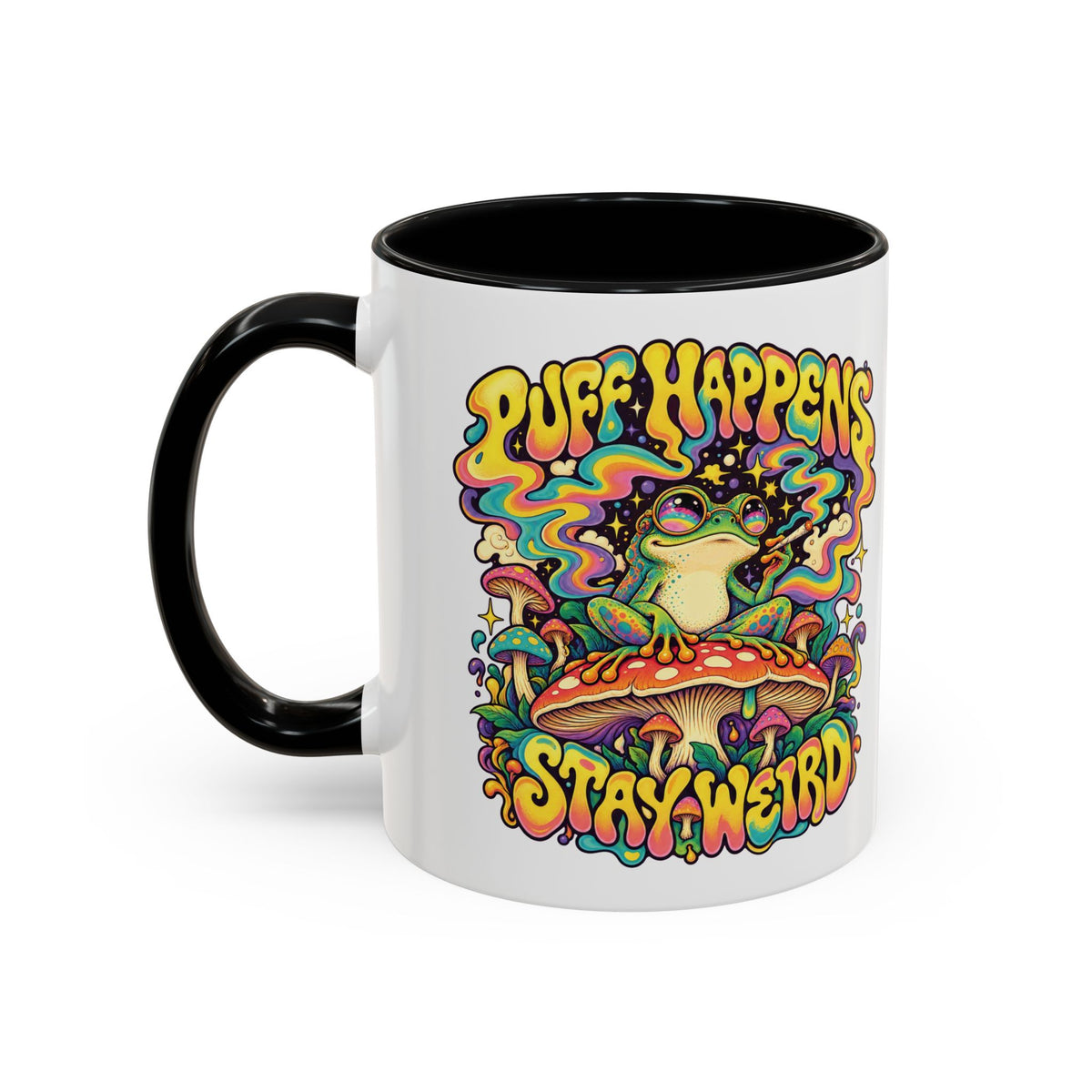 Puff Happens, Stay Weird Psychedelic Mug, 11oz Colour Accent Coffee Cup, ShmeeShmo