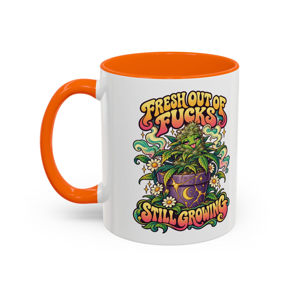 Fresh Out of Fucks, Still Growing Psychedelic Mug, 11oz Colour Accent Coffee Cup, ShmeeShmo