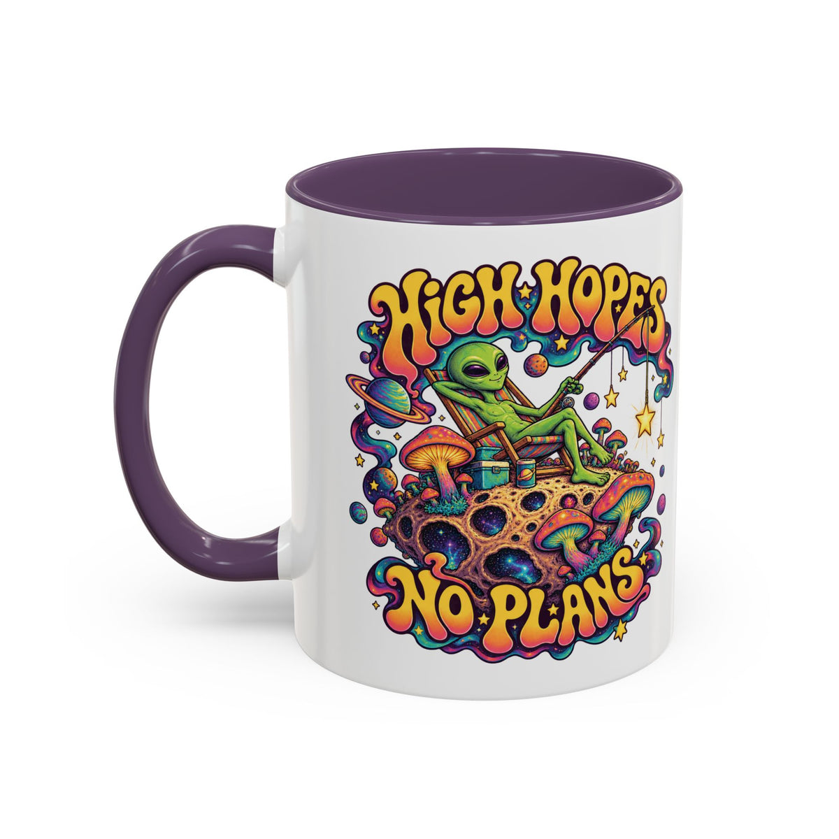 High Hopes, No Plans Psychedelic Mug, 11oz Colour Accent Coffee Cup, ShmeeShmo