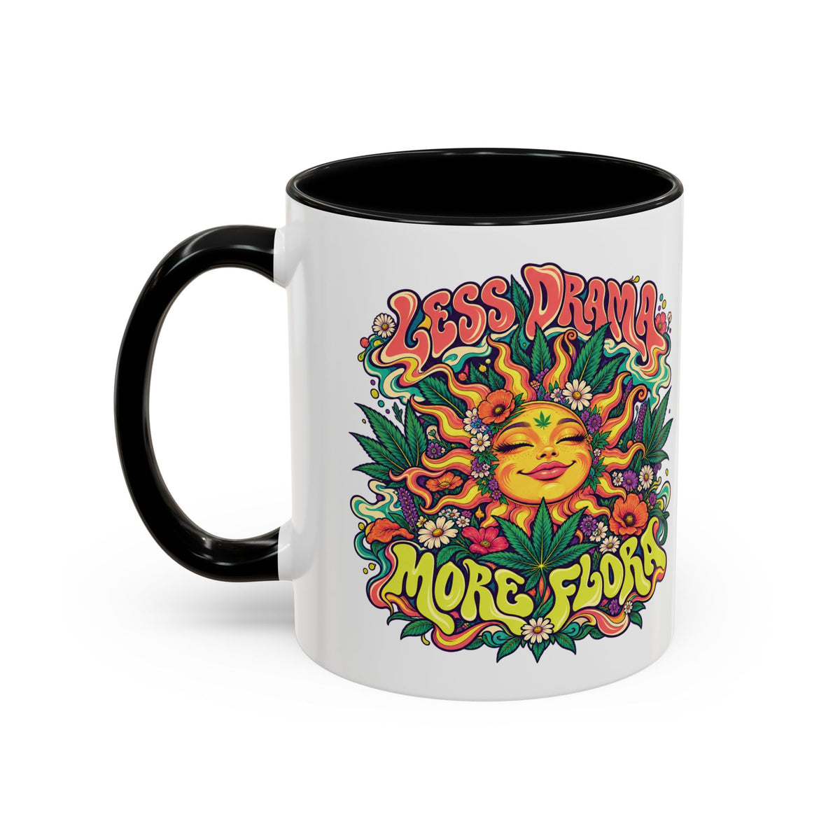 Less Drama, More Flora Psychedelic Mug, 11oz Colour Accent Coffee Cup, ShmeeShmo