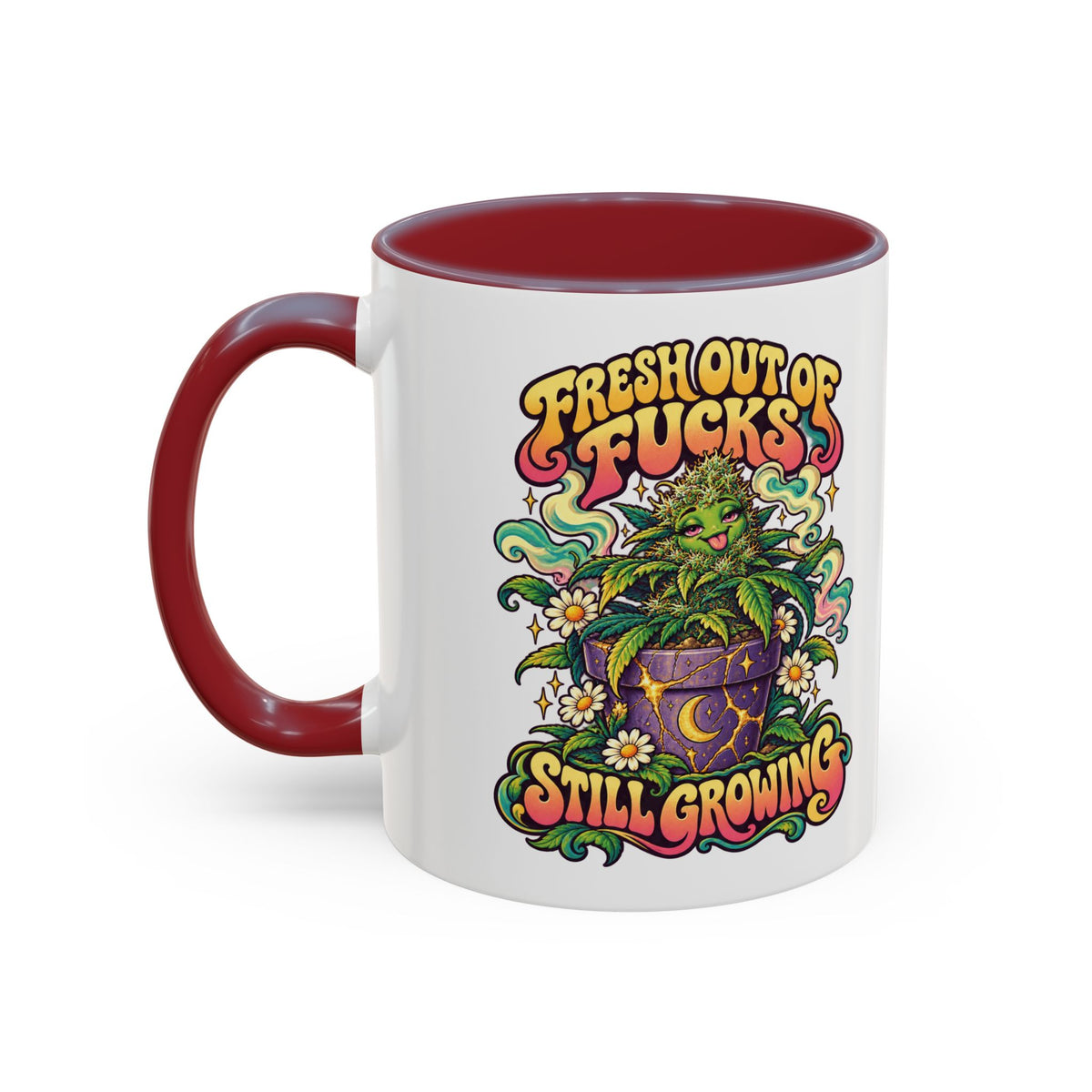 Fresh Out of Fucks, Still Growing Psychedelic Mug, 11oz Colour Accent Coffee Cup, ShmeeShmo