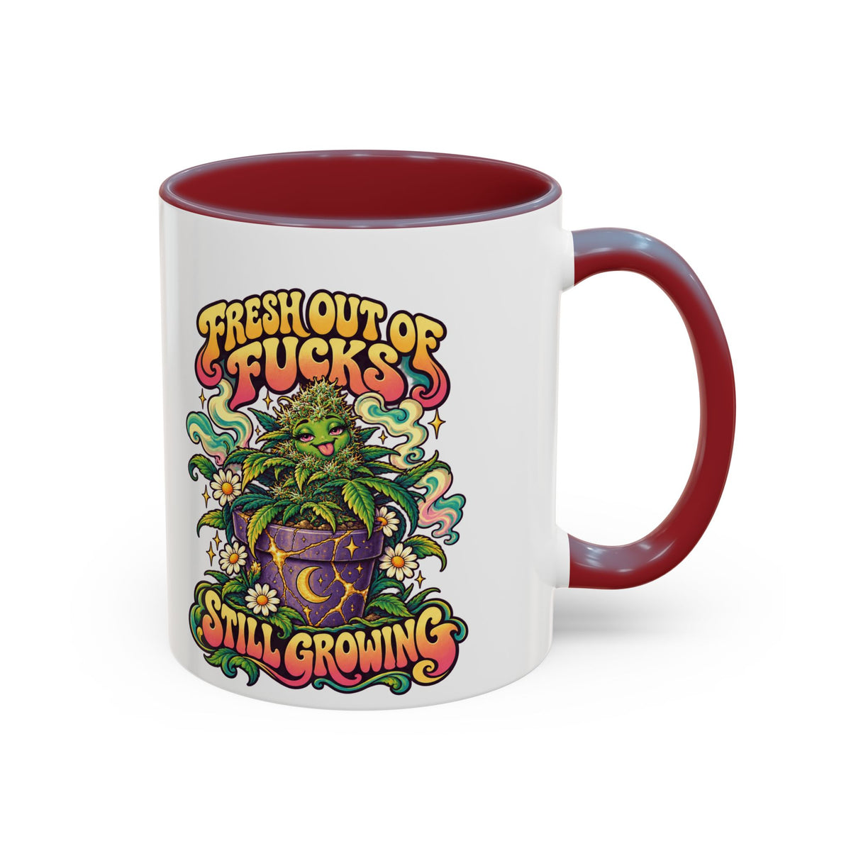 Fresh Out of Fucks, Still Growing Psychedelic Mug, 11oz Colour Accent Coffee Cup, ShmeeShmo