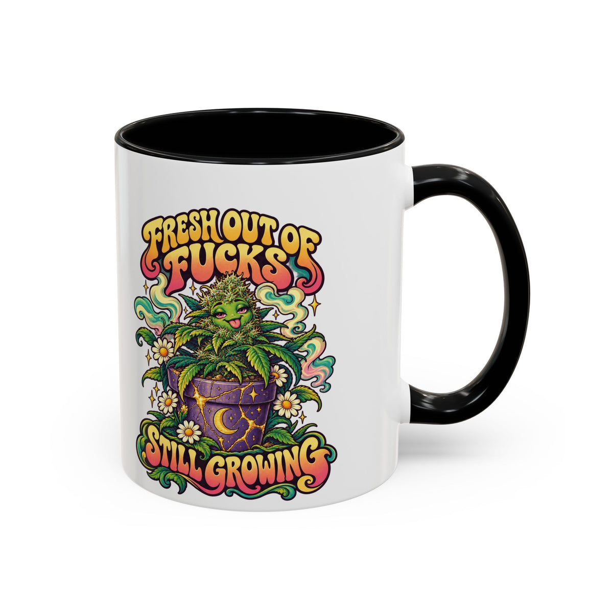 Fresh Out of Fucks, Still Growing Psychedelic Mug, 11oz Colour Accent Coffee Cup, ShmeeShmo