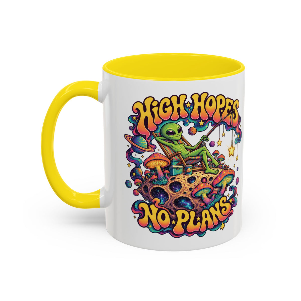 High Hopes, No Plans Psychedelic Mug, 11oz Colour Accent Coffee Cup, ShmeeShmo