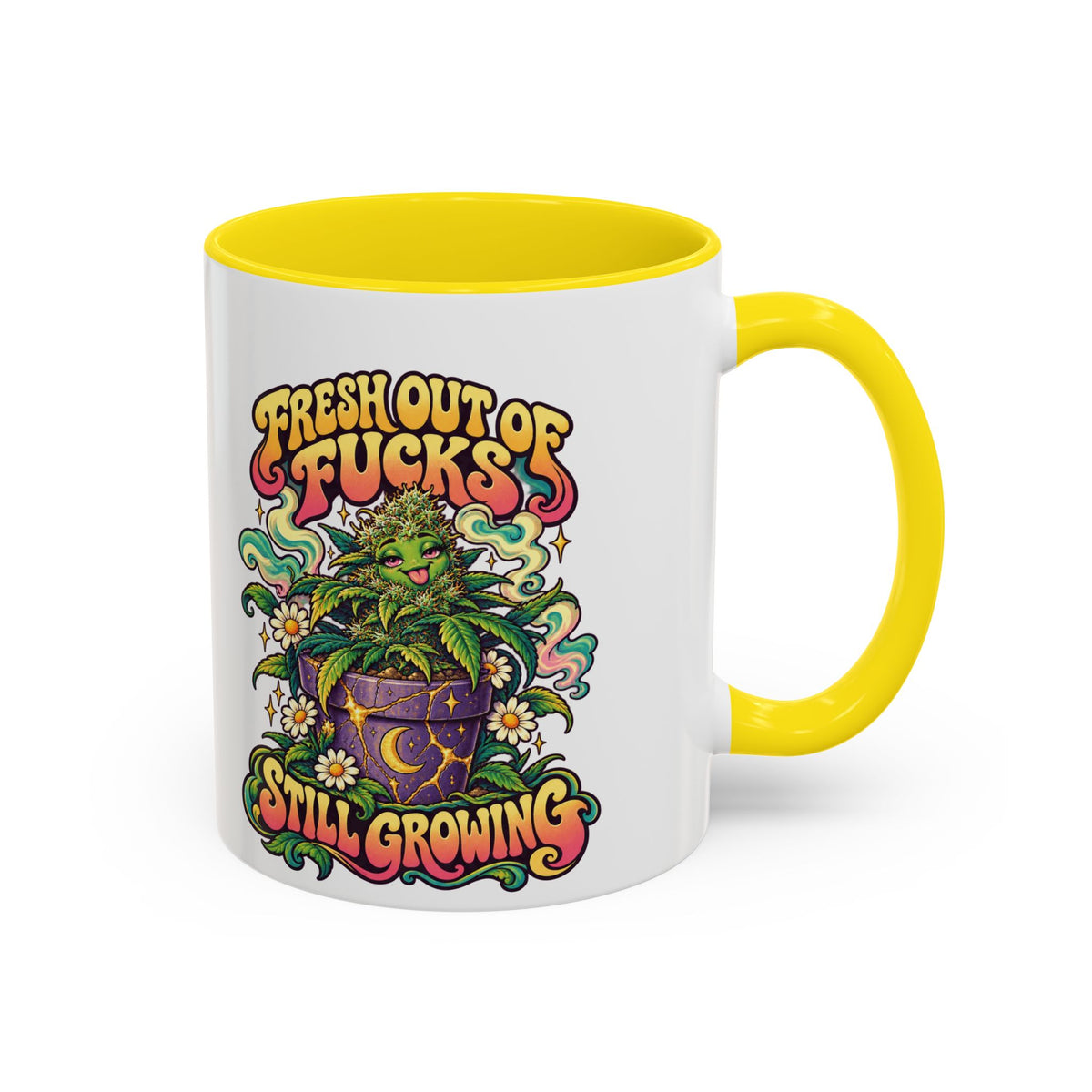 Fresh Out of Fucks, Still Growing Psychedelic Mug, 11oz Colour Accent Coffee Cup, ShmeeShmo