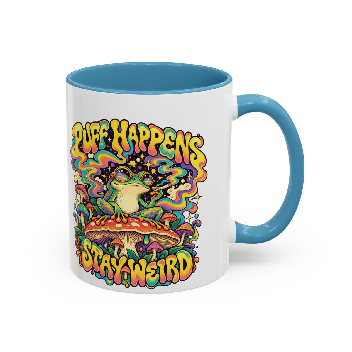 Puff Happens, Stay Weird Psychedelic Mug, 11oz Colour Accent Coffee Cup, ShmeeShmo