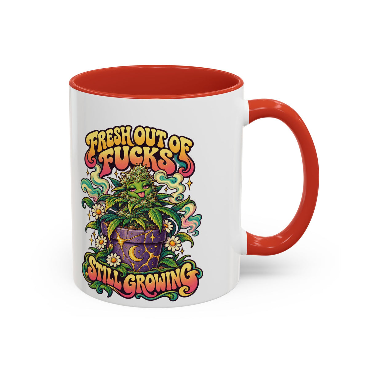 Fresh Out of Fucks, Still Growing Psychedelic Mug, 11oz Colour Accent Coffee Cup, ShmeeShmo