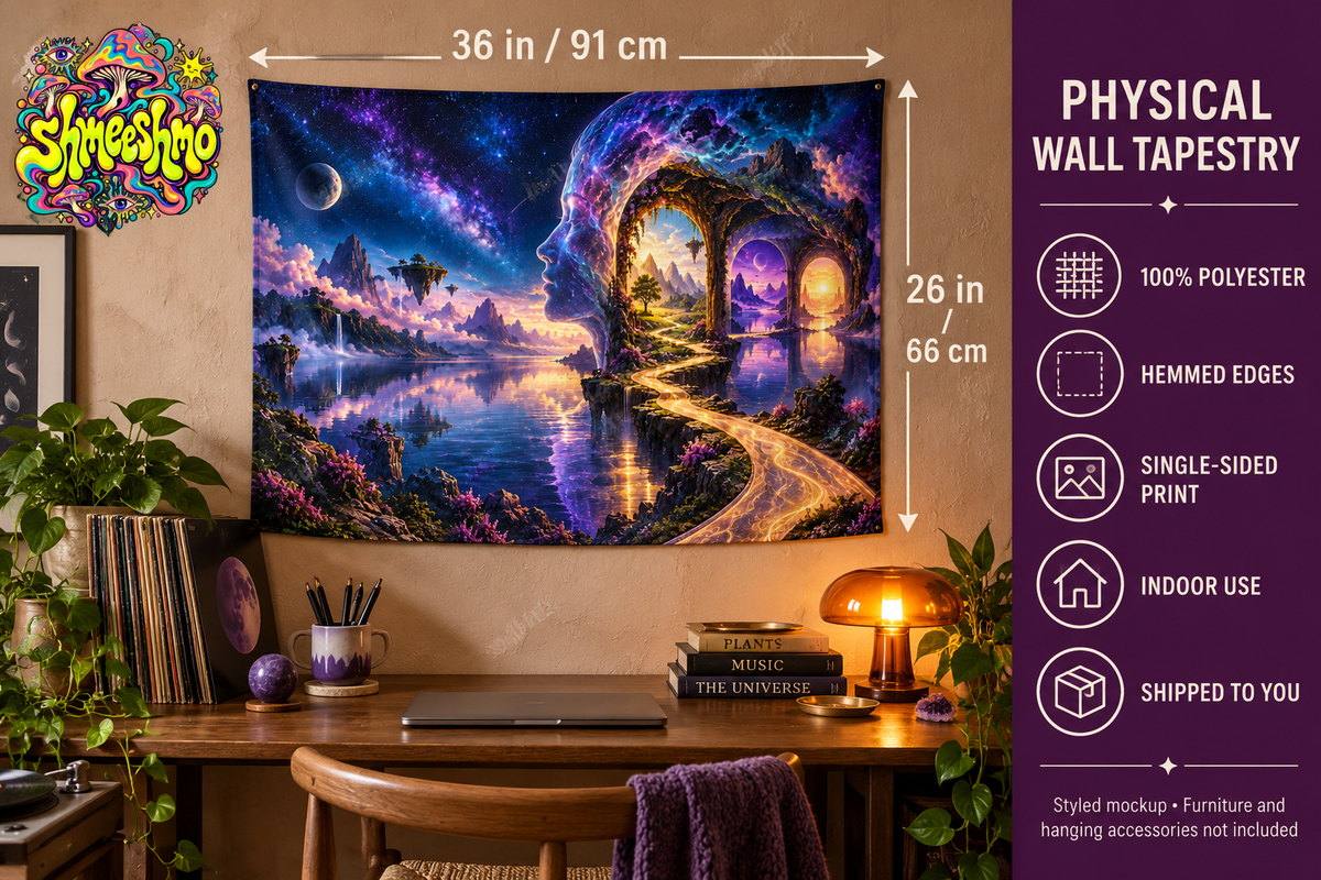 36 by 26 inch physical polyester tapestry with hemmed edges; size and materials
