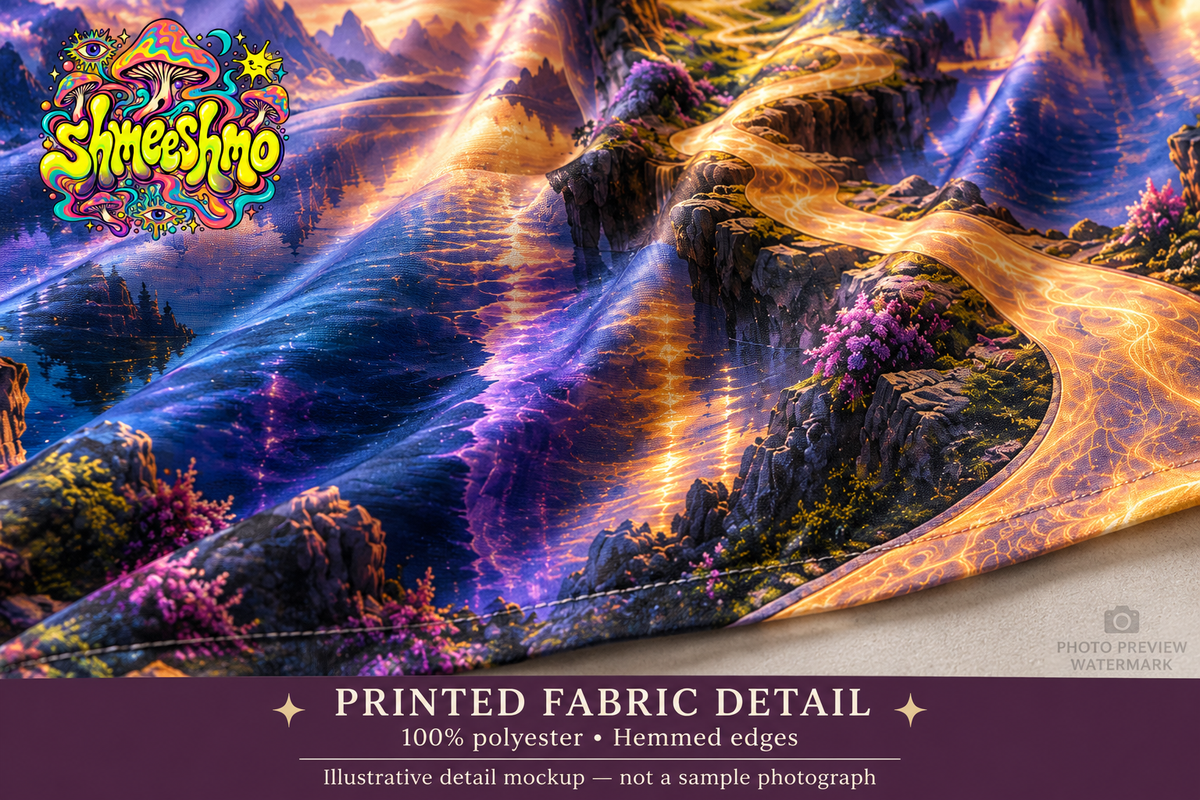 Printed polyester fabric and hem detail — illustrative mockup, not sample photograph