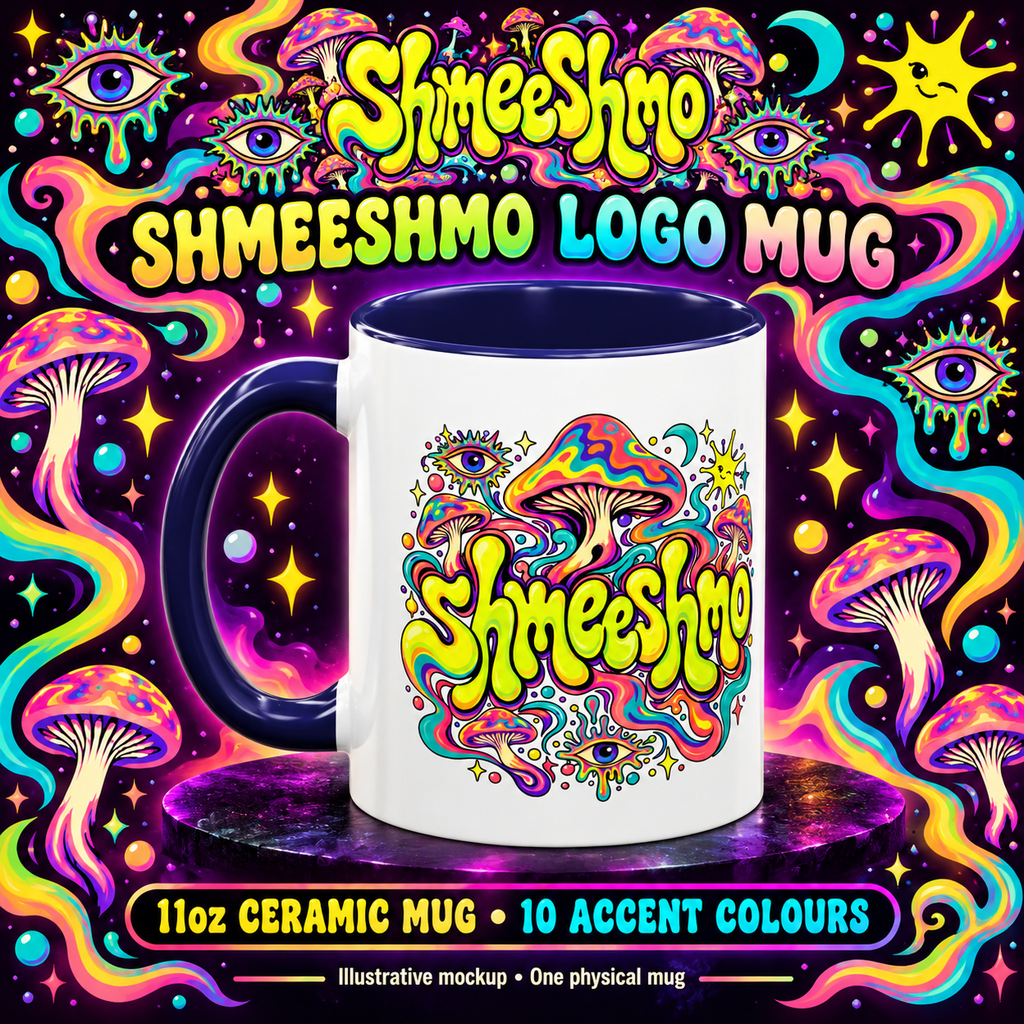 Illustrative mockup of one 11oz ShmeeShmo logo mug with navy accent, printed side facing forward