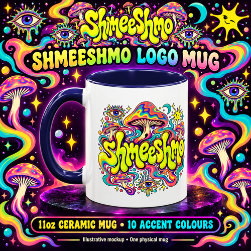 Illustrative mockup of one 11oz ShmeeShmo logo mug with navy accent, printed side facing forward