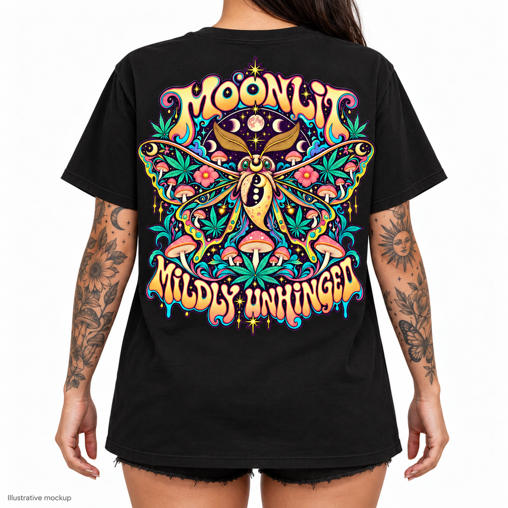 Closer rear view of the Moonlit Mildly Unhinged shirt artwork on a tattooed adult model against white; illustrative mockup
