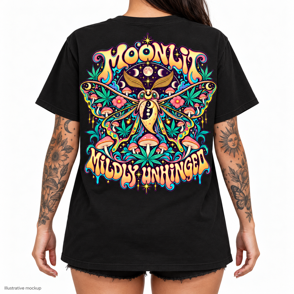 Closer rear view of the Moonlit Mildly Unhinged shirt artwork on a tattooed adult model against white; illustrative mockup