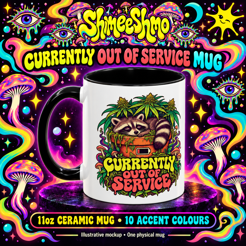 Illustrative mockup of one 11oz Currently Out of Service mug, printed side facing forward
